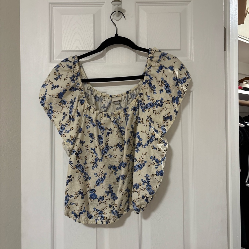 A New Day Cream and Blue Floral Blouse